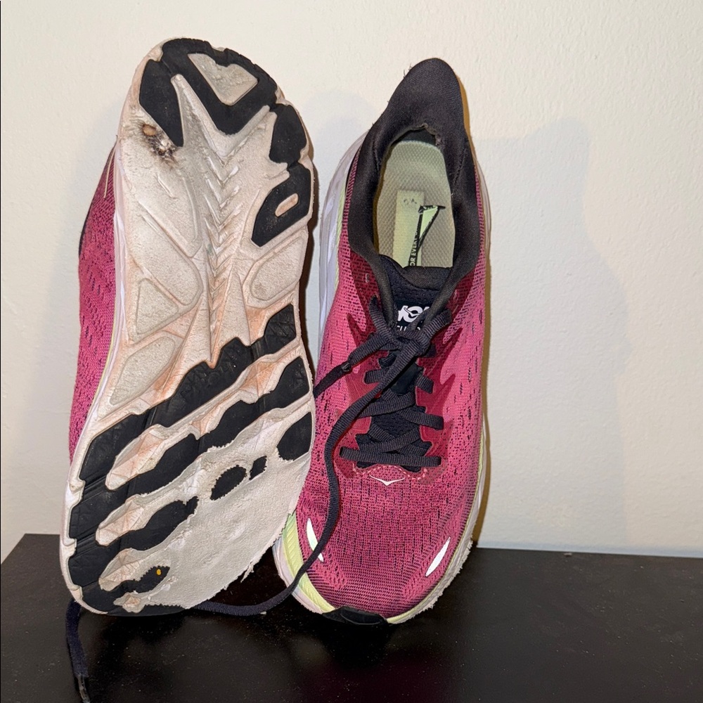 Hoka Women's Berry and Black Athletic Shoes well worn. Clifton 8 - Picture 5 of 5
